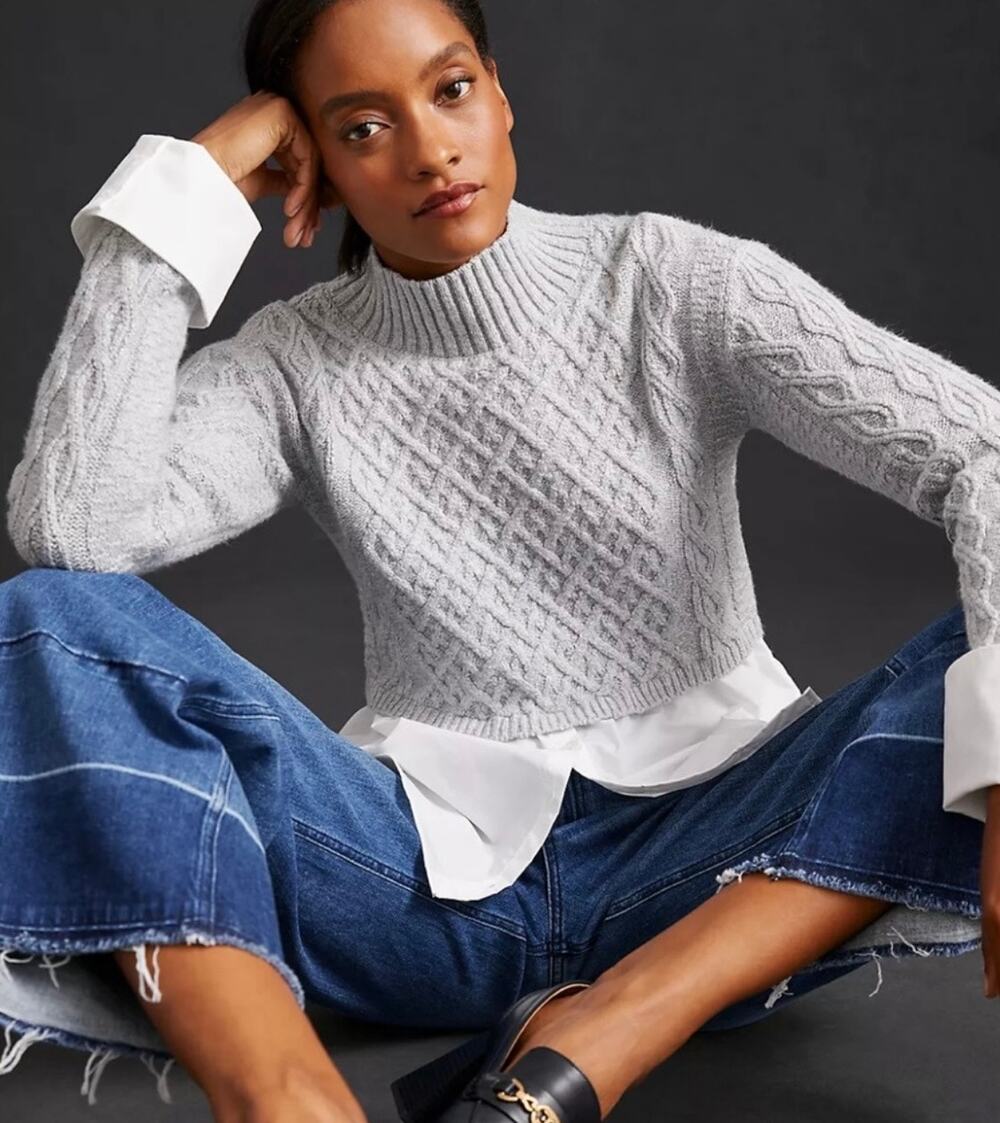Maeve Anthropologie NWOT Gray Cable-Knit Layered Crewneck Overlay Button Sweater